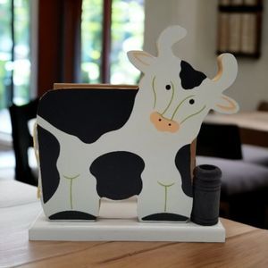 Vintage Napkin Toothpick Holder Wooden Cow Black White Kitchen Dining Home Decor